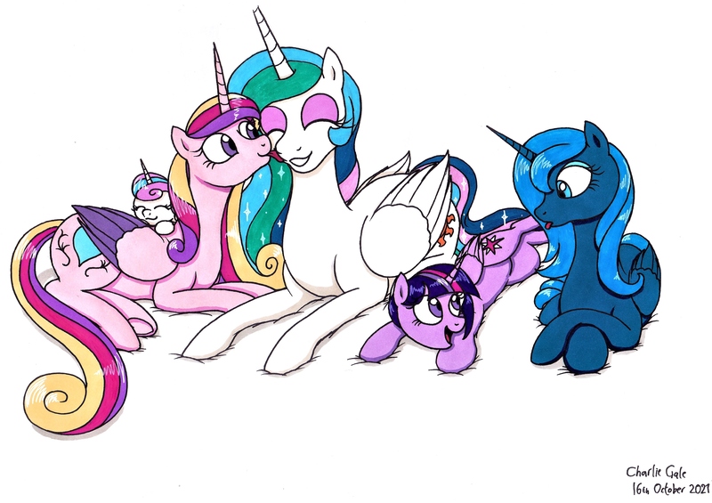 Size: 3492x2467 | Tagged: safe, artist:killerteddybear94, derpibooru import, princess cadance, princess celestia, princess flurry heart, princess luna, twilight sparkle, twilight sparkle (alicorn), alicorn, pony, :p, alicorn pentarchy, cute, cutedance, cutelestia, face licking, female, filly, flurrybetes, foal, happy birthday mlp:fim, image, jpeg, licking, lunabetes, lying down, mare, mlp fim's eleventh anniversary, s1 luna, smiling, tongue out, traditional art, twiabetes