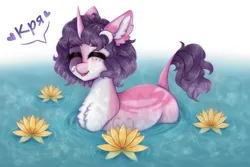 Size: 3000x2000 | Tagged: safe, derpibooru import, lotus blossom, oc, pony, unicorn, blushing, cute, draw your style, ear fluff, embarrassed, fluffy, haircut, happy, happy face, heart, image, moon, pink body, png, purple hair, quack, siatika, simple background, solo, sparkles, water, white body