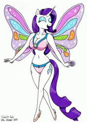 Size: 2485x3494 | Tagged: safe, artist:killerteddybear94, derpibooru import, rarity, anthro, plantigrade anthro, unicorn, adorasexy, beautisexy, belly button, big breasts, breasts, busty rarity, butterfly wings, clothes, curvy, cute, eyes closed, eyeshadow, female, high res, hourglass figure, image, jpeg, makeup, open mouth, open smile, raribetes, sexy, shoes, simple background, smiling, solo, traditional art, white background, wings