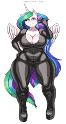Size: 1920x3600 | Tagged: suggestive, artist:kryadrawgin, derpibooru import, princess celestia, anthro, big breasts, bodysuit, boots, breasts, catsuit, clothes, curvy, derpibooru exclusive, high heel boots, image, latex, latex suit, png, shoes