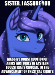 Size: 500x673 | Tagged: safe, artist:mrscroup, derpibooru import, princess luna, alicorn, equestria at war mod, bust, caption, crown, cute, image, image macro, jewelry, meme, peytral, png, regalia, solo, text, this will end in war