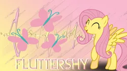 Size: 1920x1080 | Tagged: artist needed, safe, artist:blackgryph0n, artist:bronyyay123, derpibooru import, edit, fluttershy, pegasus, pony, cutie mark, eyes closed, female, gradient background, image, jpeg, mare, name, open mouth, open smile, raised hoof, shadow, smiling, solo, spread wings, wallpaper, wallpaper edit, wings