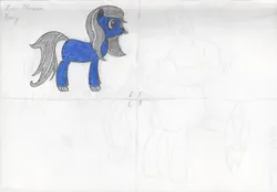 Size: 1637x1141 | Tagged: safe, artist:moon flower, derpibooru import, oc, oc:moon flower, unofficial characters only, pony, friendship is magic, 2018, ambiguous gender, blue body, blue eyes, blue fur, colored, colored pencil drawing, dialogue, english, equine, fur, grey hair, hair, handwriting, hasbro, hooves, image, mammal, mane, my little pony, pencil drawing, png, reference sheet, side view, simple background, solo, solo ambiguous, tail, text, traditional art, white background, wip