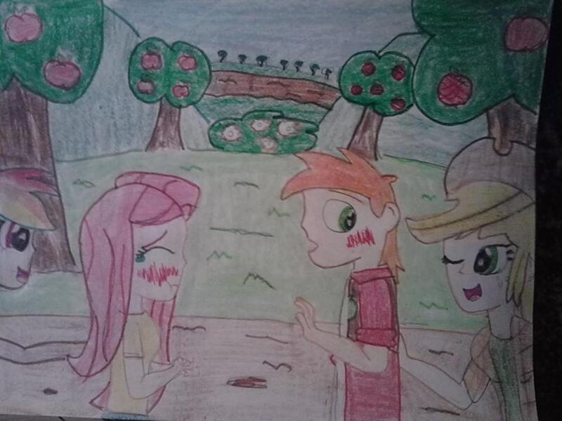 Size: 960x720 | Tagged: safe, artist:justaviewer94, derpibooru import, applejack, big macintosh, fluttershy, rainbow dash, human, blushing, female, fluttermac, humanized, image, jpeg, male, pushing, shipper on deck, shipping, straight, traditional art