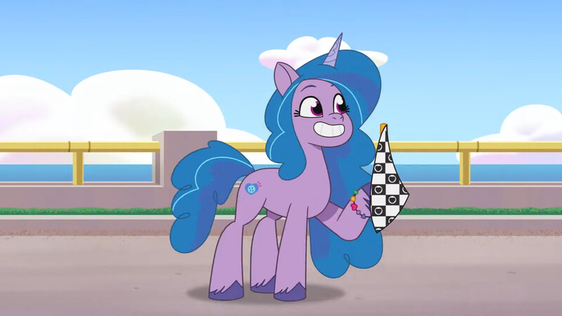 Size: 3072x1727 | Tagged: safe, derpibooru import, screencap, izzy moonbow, pony, unicorn, my little pony: tell your tale, spoiler:g5, spoiler:my little pony: tell your tale, spoiler:tyts01e49, checkered flag, female, g5, grin, image, jpeg, mare, mission imponable, smiling, solo