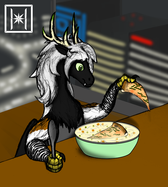 Size: 2700x3000 | Tagged: safe, artist:haribunawa, derpibooru import, oc, oc:kalat, draconequus, city, draconequus oc, food, image, night, pizza, png, snatcher, soup