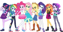 Size: 1471x742 | Tagged: safe, derpibooru import, applejack, fluttershy, pinkie pie, rainbow dash, rarity, sci-twi, starlight glimmer, sunset shimmer, twilight sparkle, equestria girls, equestria girls series, barrette, clothes, converse, fluttershy boho dress, geode of empathy, geode of fauna, geode of shielding, geode of sugar bombs, geode of super speed, geode of super strength, geode of telekinesis, hairband, humane eight, humane five, humane seven, humane six, image, looking at you, magical geodes, pants, png, ponytail, shoes, smiling, smiling at you