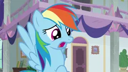 Size: 1280x720 | Tagged: safe, derpibooru import, screencap, rainbow dash, pegasus, pony, school daze, female, flying, image, mare, open mouth, png, solo