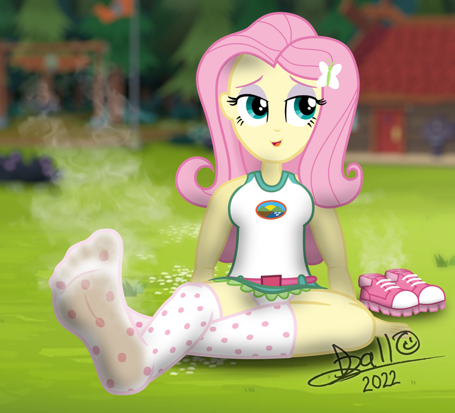 Size: 2559x2322 | Tagged: questionable, artist:tidmouthmilk12, derpibooru import, fluttershy, equestria girls, camp everfree, camp everfree outfits, clothes, dirty socks, feet, fetish, foot fetish, foot focus, image, png, shoes removed, smelly feet, smelly socks, sock fetish, socks, solo