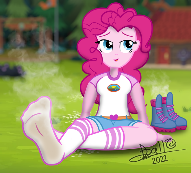 Size: 2559x2322 | Tagged: questionable, artist:tidmouthmilk12, derpibooru import, pinkie pie, equestria girls, camp everfree, camp everfree outfits, clothes, dirty socks, feet, fetish, foot fetish, foot focus, image, png, shoes removed, smelly feet, smelly socks, sock fetish, socks, solo