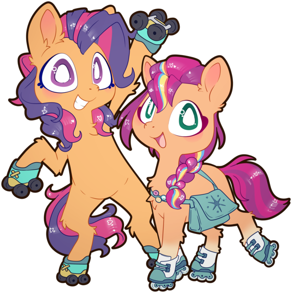 Size: 4488x4504 | Tagged: safe, artist:cutepencilcase, derpibooru import, scootaloo (g3), sunny starscout, earth pony, pony, absurd resolution, bag, bipedal, duo, duo female, female, g3, g5, image, looking at you, mare, open mouth, open smile, png, roller skates, rollerblades, simple background, skates, smiling, smiling at you, transparent background, white pupils