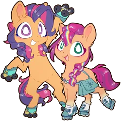 Size: 4488x4504 | Tagged: safe, artist:cutepencilcase, derpibooru import, scootaloo (g3), sunny starscout, earth pony, pony, absurd resolution, bag, bipedal, duo, duo female, female, g3, g5, image, looking at you, mare, open mouth, open smile, png, roller skates, rollerblades, simple background, skates, smiling, smiling at you, transparent background, white pupils