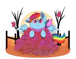 Size: 3984x3060 | Tagged: safe, artist:backgroundpony#f352, derpibooru import, rainbow dash, pegasus, pony, autumn, clothes, colored pupils, commission, cute, female, image, leaf pile, leaves, mare, one ear down, png, scarf, simple background, solo, transparent background, wings, ych example, ych result, your character here