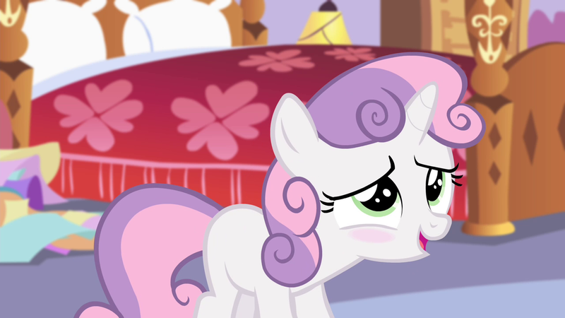 Size: 1280x720 | Tagged: safe, derpibooru import, screencap, sweetie belle, pony, unicorn, for whom the sweetie belle toils, bed, blushing, cute, diasweetes, female, filly, foal, image, png, solo