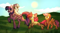 Size: 1600x900 | Tagged: safe, artist:sunniesfunthecupcake, derpibooru import, apple bloom, scootaloo, sweetie belle, earth pony, pegasus, pony, unicorn, amber eyes, bow, cutie mark, cutie mark crusaders, day, eye clipping through hair, female, filly, foal, grass, grass field, green eyes, hair bow, happy, image, jumping, looking at each other, looking at someone, mare, multicolored mane, multicolored tail, open mouth, pink mane, pink tail, png, ponies riding ponies, purple eyes, purple mane, purple tail, red mane, red tail, riding, smiling, spread wings, sun, tail, trotting, wings