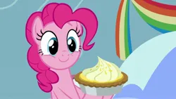 Size: 1920x1080 | Tagged: safe, derpibooru import, screencap, pinkie pie, earth pony, pony, secrets and pies, cloudsdale, female, food, image, jpeg, mare, pie, smiling, solo