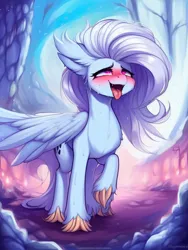 Size: 768x1024 | Tagged: safe, derpibooru import, machine learning generated, stable diffusion, pegasus, ahegao, cute, cute face, detailed background, image, large wings, open mouth, png, tongue out, unknown character, wings
