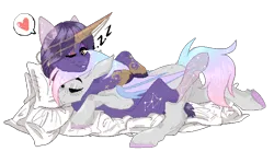 Size: 1612x962 | Tagged: safe, artist:kamokpushok, derpibooru import, oc, oc:dreamyway skies, oc:urania, bat pony, pony, unicorn, blanket, commission, horn, horn jewelry, image, jewelry, one eye closed, pillow, png, simple background, sleeping, smiling, snuggling, transparent background, wink, your character here