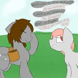 Size: 1024x1024 | Tagged: safe, artist:starstrucksocks, derpibooru import, oc, oc:sweet cheeks, unofficial characters only, earth pony, pony, bag, eyes closed, eyes open, facepalm, grass, image, jpeg, looking sideways, saddle bag, smiling, text