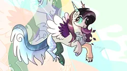 Size: 1600x900 | Tagged: safe, artist:sunniesfunthecupcake, derpibooru import, oc, unofficial characters only, draconequus, hybrid, black mane, chest fluff, colored wings, flying, horns, image, interspecies offspring, offspring, parent:discord, parent:fluttershy, parents:discoshy, png, purple mane, purple wings, solo, two toned mane, two toned wings, white wings, wings
