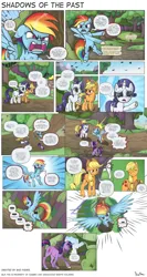 Size: 2000x3752 | Tagged: safe, artist:perfectblue97, derpibooru import, applejack, rainbow dash, rarity, twilight sparkle, earth pony, pegasus, pony, unicorn, comic:shadows of the past, angry, butt, censor bar, censored, censored vulgarity, comic, crying, eyes closed, image, open mouth, png, speech bubble, tears of pain, teary eyes, tree, unicorn twilight, yelling