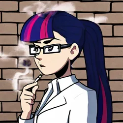 Size: 1024x1024 | Tagged: safe, ai content, artist:perfectblue97, derpibooru import, machine learning assisted, sci-twi, twilight sparkle, human, brick wall, cigarette, glasses, image, open mouth, png, smoking