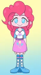 Size: 1044x1910 | Tagged: safe, artist:batipin, derpibooru import, pinkie pie, equestria girls, breasts, chibi, clothes, gradient background, image, jpeg, looking at you, no nose, no pupils, shoes, simple background, solo