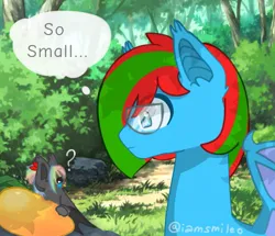 Size: 1041x894 | Tagged: safe, artist:iamsmileo, derpibooru import, oc, unofficial characters only, bat pony, pony, duo, food, forest, image, jpeg, mango, tree