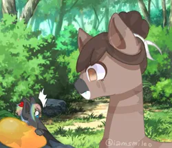 Size: 1041x894 | Tagged: safe, artist:iamsmileo, derpibooru import, oc, unofficial characters only, bat pony, earth pony, pony, duo, food, forest, image, jpeg, mango, tree