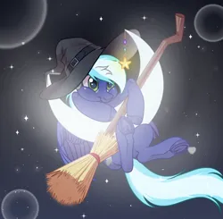 Size: 2408x2360 | Tagged: safe, artist:kim0508, derpibooru import, oc, oc:moonlight drop, pegasus, broom, commission, cute, hanging, hat, image, moon, png, solo, witch hat, ych result