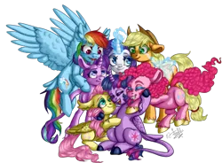 Size: 1050x771 | Tagged: safe, artist:tersisa, derpibooru import, applejack, fluttershy, pinkie pie, rainbow dash, rarity, starlight glimmer, twilight sparkle, twilight sparkle (alicorn), alicorn, earth pony, pegasus, pony, unicorn, applejack's hat, cowboy hat, curved horn, ear fluff, eyes closed, female, females only, hat, horn, image, leonine tail, looking at each other, looking at someone, magic, magic aura, mane six, mare, one eye closed, png, simple background, sitting, smiling, tail, transparent background, unshorn fetlocks, wing fluff, wings