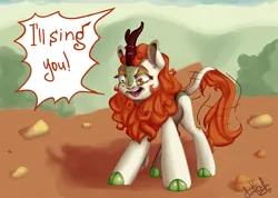 Size: 2000x1424 | Tagged: safe, artist:tersisa, derpibooru import, autumn blaze, kirin, pony, cloven hooves, exclamation point, female, image, mare, open mouth, png, rock, solo, speech bubble, teeth