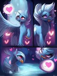 Size: 768x1024 | Tagged: safe, derpibooru import, machine learning generated, stable diffusion, pegasus, ahegao, beak, comic, cute, cute face, detailed background, heart, image, open mouth, png, tongue out, unknown character