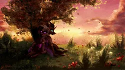 Size: 1920x1080 | Tagged: safe, artist:thatonegib, derpibooru import, oc, unofficial characters only, changeling, changeling oc, commission, image, insect wings, jpeg, looking at each other, looking at someone, membranous wings, scenery, smiling, solo, sunset, tree, under the tree, wings, ych result