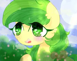 Size: 999x800 | Tagged: safe, artist:magicangelstarartist, derpibooru import, apple fritter, earth pony, apple family member, blurry background, blushing, image, jpeg, ribbon, smiling, solo, starry eyes, wingding eyes