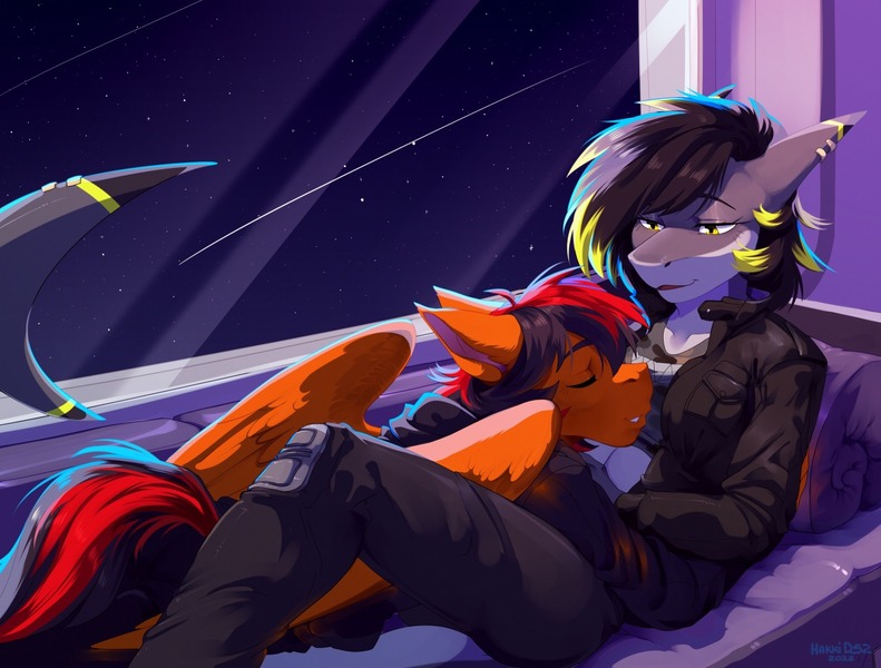 Size: 1280x971 | Tagged: safe, artist:hakkids2, derpibooru import, oc, anthro, pegasus, plantigrade anthro, shark, bed, clothes, cuddling, female, image, jacket, jpeg, lying down, male, pants, pegasus oc, shooting star, sleeping, snuggling, space, space station, wings