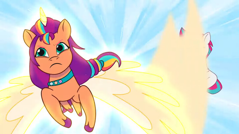 Size: 3072x1727 | Tagged: safe, derpibooru import, screencap, sunny starscout, zipp storm, alicorn, pegasus, pony, my little pony: a new generation, my little pony: tell your tale, spoiler:g5, spoiler:my little pony: tell your tale, spoiler:tyts01e49, duo, duo female, female, flying, frown, g5, image, jpeg, mare, mission imponable, race swap, spread wings, sunnycorn, wings