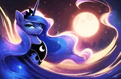 Size: 3121x2048 | Tagged: safe, derpibooru import, editor:montaraz13, machine learning generated, novelai, stable diffusion, princess luna, alicorn, pony, ethereal mane, female, full moon, image, jewelry, lidded eyes, long mane, looking at you, moon, night, night sky, png, regalia, sky, smiling, smiling at you, solo, stars, wallpaper