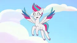 Size: 3072x1727 | Tagged: safe, derpibooru import, screencap, zipp storm, pegasus, pony, my little pony: tell your tale, spoiler:g5, spoiler:my little pony: tell your tale, spoiler:tyts01e49, female, flying, g5, image, jpeg, mare, mission imponable, open mouth, solo, spread wings, wings