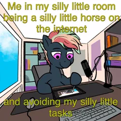 Size: 1000x1000 | Tagged: safe, artist:single purpose, derpibooru import, oc, oc:treading step, unofficial characters only, pegasus, pony, book, bookshelf, cloud, computer mouse, drawing, drawing tablet, image, jpeg, keyboard, male, microphone, solo, stallion, window