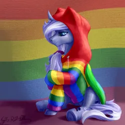 Size: 1257x1259 | Tagged: safe, artist:thatonegib, derpibooru import, oc, unofficial characters only, changeling, clothes, collar, commission, hoodie, image, jpeg, looking at you, pride flag, shy, sitting, smiling, solo, ych result