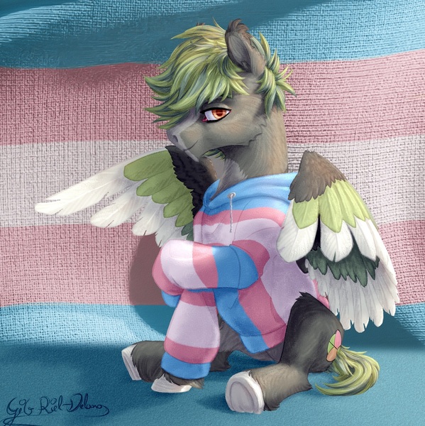 Size: 1257x1259 | Tagged: safe, artist:thatonegib, derpibooru import, oc, unofficial characters only, pegasus, clothes, commission, hoodie, image, jpeg, looking at you, pegasus oc, pride, pride flag, shy, sitting, smiling, solo, transgender pride flag, unshorn fetlocks, wings, ych result