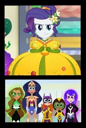 Size: 720x1073 | Tagged: safe, artist:carlosuriel13, derpibooru import, rarity, equestria girls, equestria girls series, holidays unwrapped, spoiler:eqg series (season 2), batgirl, bumblebee (dc comics), crossover, dc comics, dc superhero girls, green lantern, image, jpeg, pumpkin outfit, wonder woman, zatanna