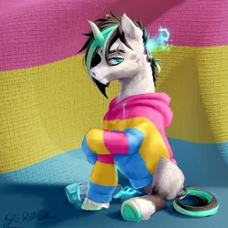 Size: 1257x1259 | Tagged: safe, artist:thatonegib, derpibooru import, oc, unofficial characters only, amputee, clothes, commission, hoodie, horn, image, jpeg, looking at you, multicolored hair, pansexual pride flag, pride, pride flag, prosthetic leg, prosthetic limb, prosthetics, scar, shy, sitting, smiling, solo, unshorn fetlocks, ych result