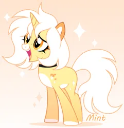 Size: 2180x2260 | Tagged: safe, artist:mint-light, derpibooru import, oc, unofficial characters only, unicorn, female, gradient background, horn, image, looking to the left, open mouth, open smile, png, sideways glance, signature, smiling, unicorn oc