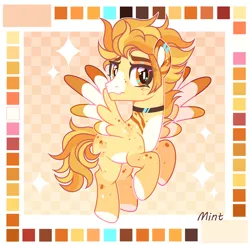 Size: 2655x2605 | Tagged: safe, artist:mint-light, derpibooru import, oc, unofficial characters only, pegasus, checkered background, commission, flying, image, looking at you, male, melancholy, palette, pegasus oc, png, signature, wings