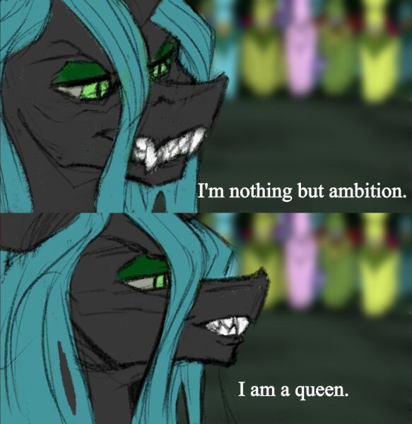 Size: 653x672 | Tagged: safe, artist:thatonegib, derpibooru import, queen chrysalis, starlight glimmer, thorax, changedling, changeling, castlevania, image, jpeg, king thorax, netflix, scene interpretation, sharp teeth, teeth, text