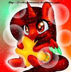 Size: 400x408 | Tagged: safe, artist:firedragonmoon15, derpibooru import, oc, oc:phoenix scarletruby, alicorn, pony, brown mane, brown tail, bubble, chibi, colored wings, gradient background, image, lowres, mint wings, plushie, png, red coat, red wings, sitting, smiling, star plushie, starry eyes, stars, tail, two toned wings, wingding eyes, wings