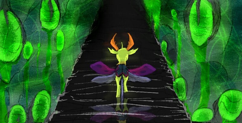 Size: 924x470 | Tagged: safe, artist:thatonegib, derpibooru import, thorax, changedling, changeling, castlevania, changeling hive, horns, image, jpeg, king thorax, netflix, scene interpretation, spread wings, stairs, wings