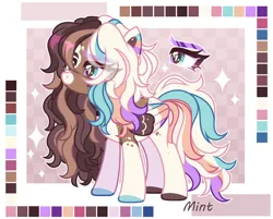 Size: 2554x2051 | Tagged: safe, artist:mint-light, derpibooru import, oc, unofficial characters only, pegasus, checkered background, female, image, looking to the left, multicolored coat, multicolored hair, multicolored mane, palette, pegasus oc, png, sideways glance, signature, wings